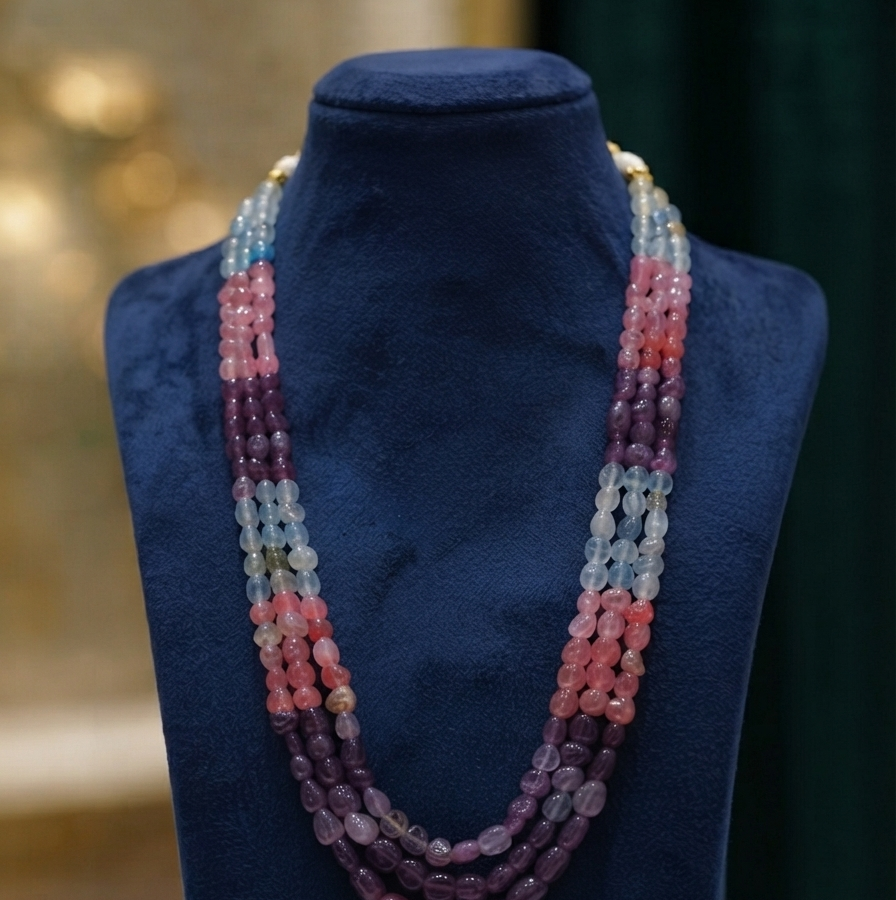 Multi Gemstone 3-Strand Tumbled Bead Necklace – Aqua, Pink & Purple