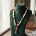 Fresh Water Barooka Pearl Necklace with Emerald Silver and Swaroski