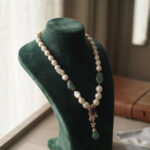 Fresh Water Barooka Pearl Necklace with Emerald Silver and Swaroski - Image 2