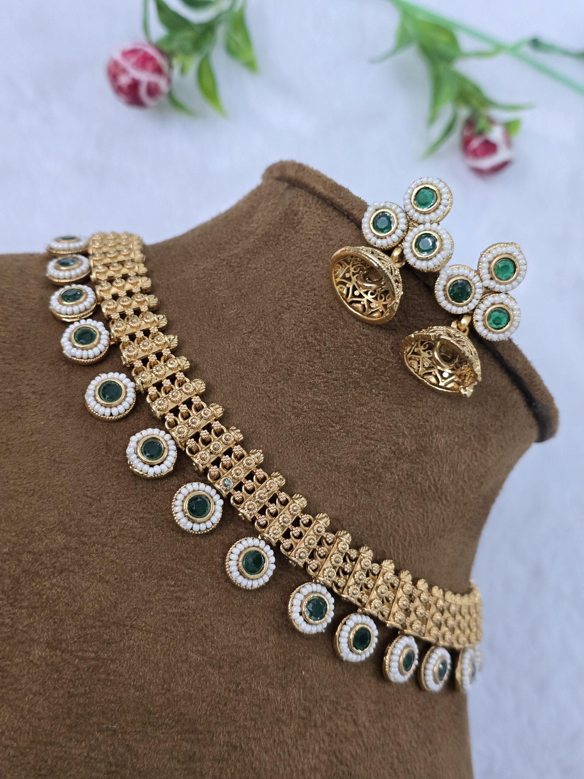 9A-1-scaled-1.jpg Emerald Stone Studded Artificial Necklace Set for Women - Image 1